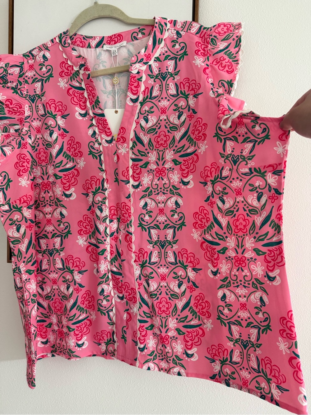 Pink Floral V-Neck Flutter Sleeve Blouse